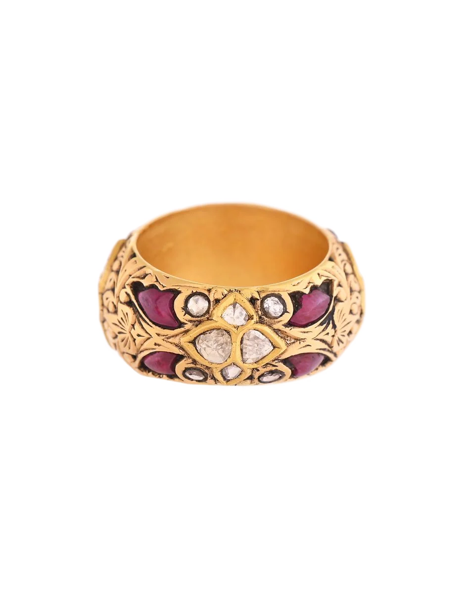 Kundan band ring set with rubies and polki