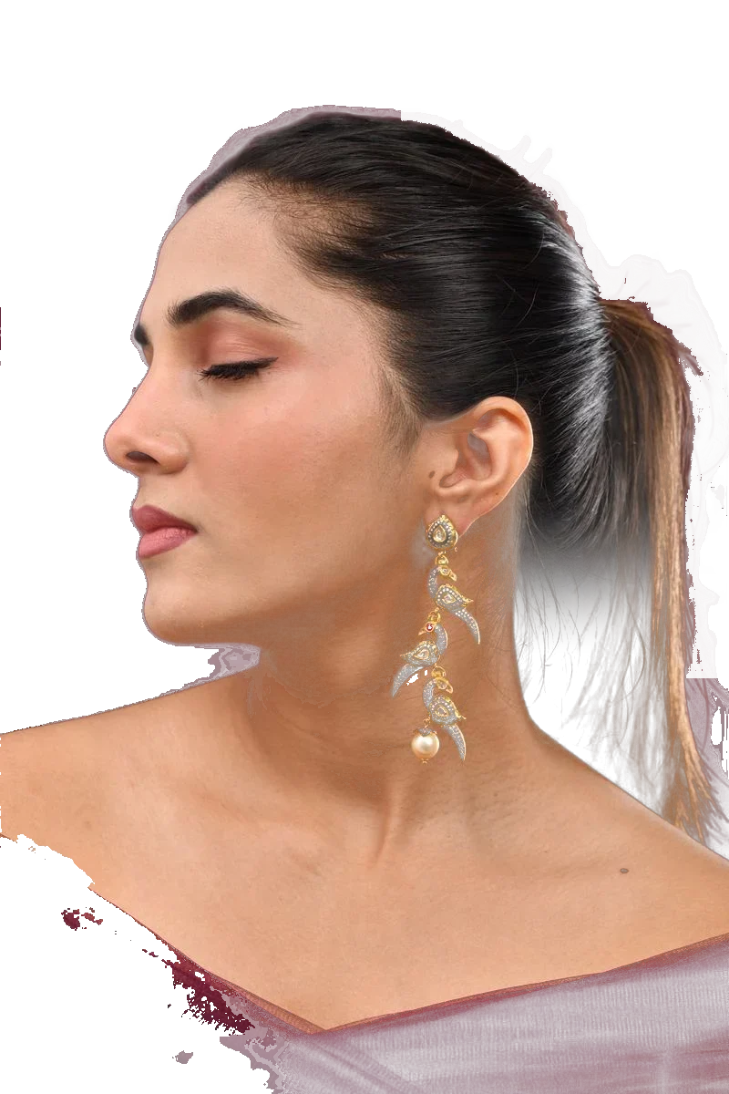 Bird-motif polki earrings with pearl drops
