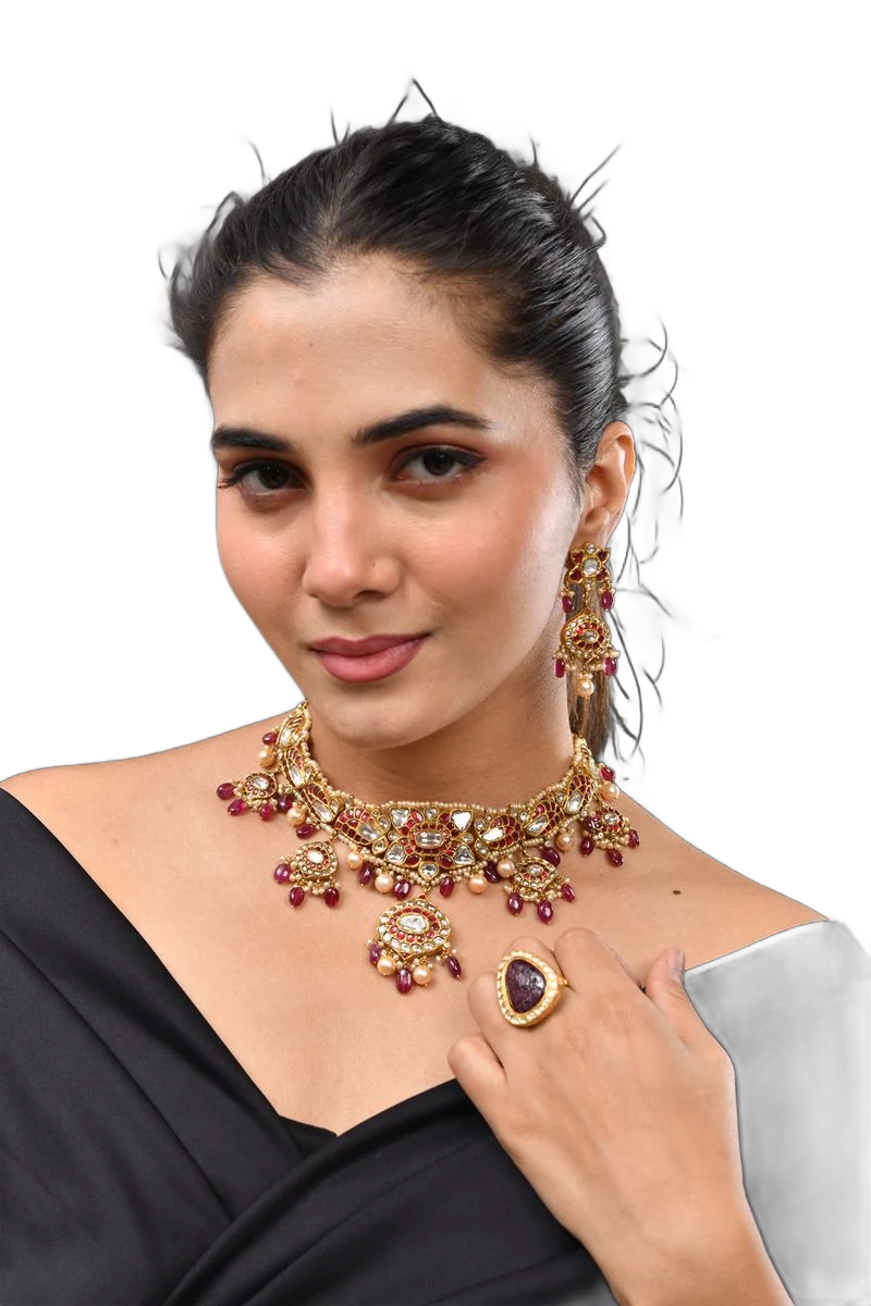 Ruby and polki choker with matching ring