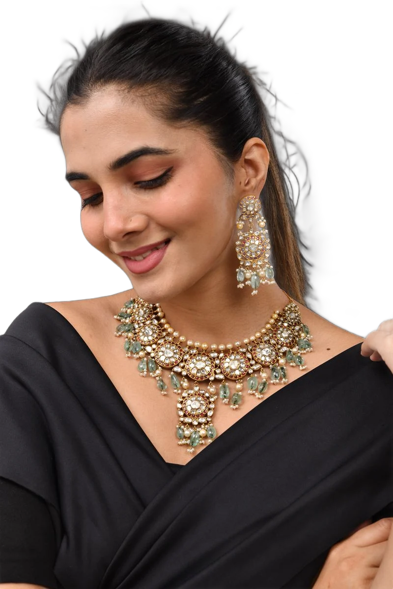 Polki choker with green drops and earrings