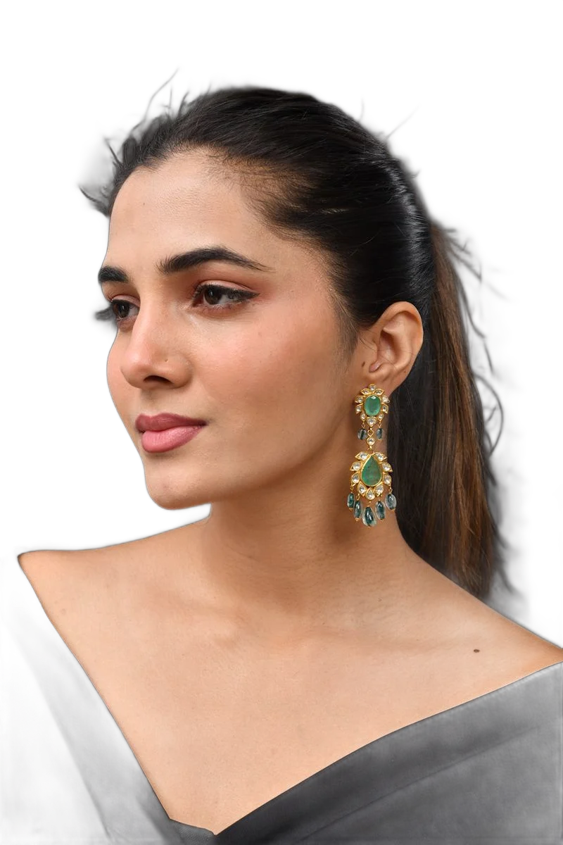 Emerald and polki drop earrings